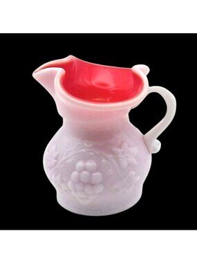 Vintage Kanawha White Milk Glass Red Cased Embossed Grapevine Mini Pitcher MCM